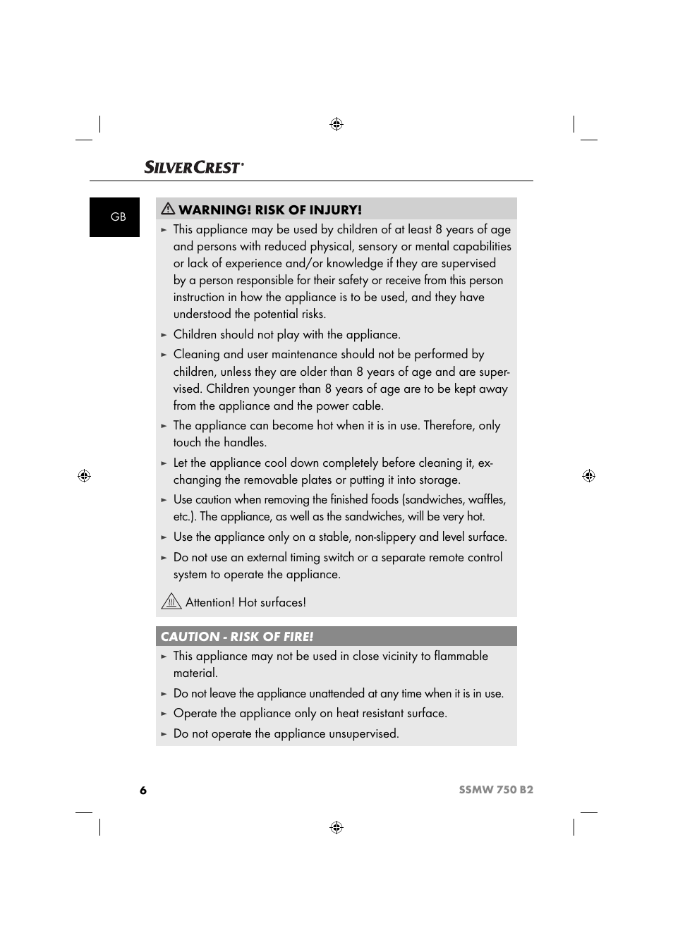 Warning! risk of injury, Children should not play with the appliance, Do not operate the appliance unsupervised | Silvercrest SSMW 750 B2 User Manual | Page 9 / 111