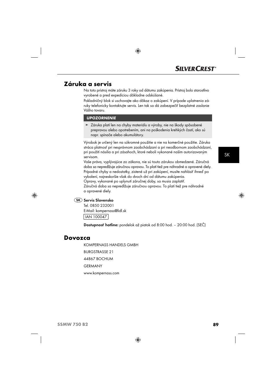 Záruka a servis, Dovozca | Silvercrest SSMW 750 B2 User Manual | Page 92 / 111