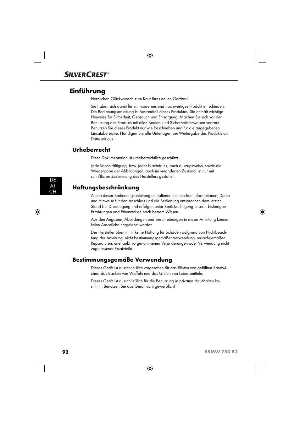 Einführung, Urheberrecht, Haftungsbeschränkung | Bestimmungsgemäße verwendung, De at ch | Silvercrest SSMW 750 B2 User Manual | Page 95 / 111