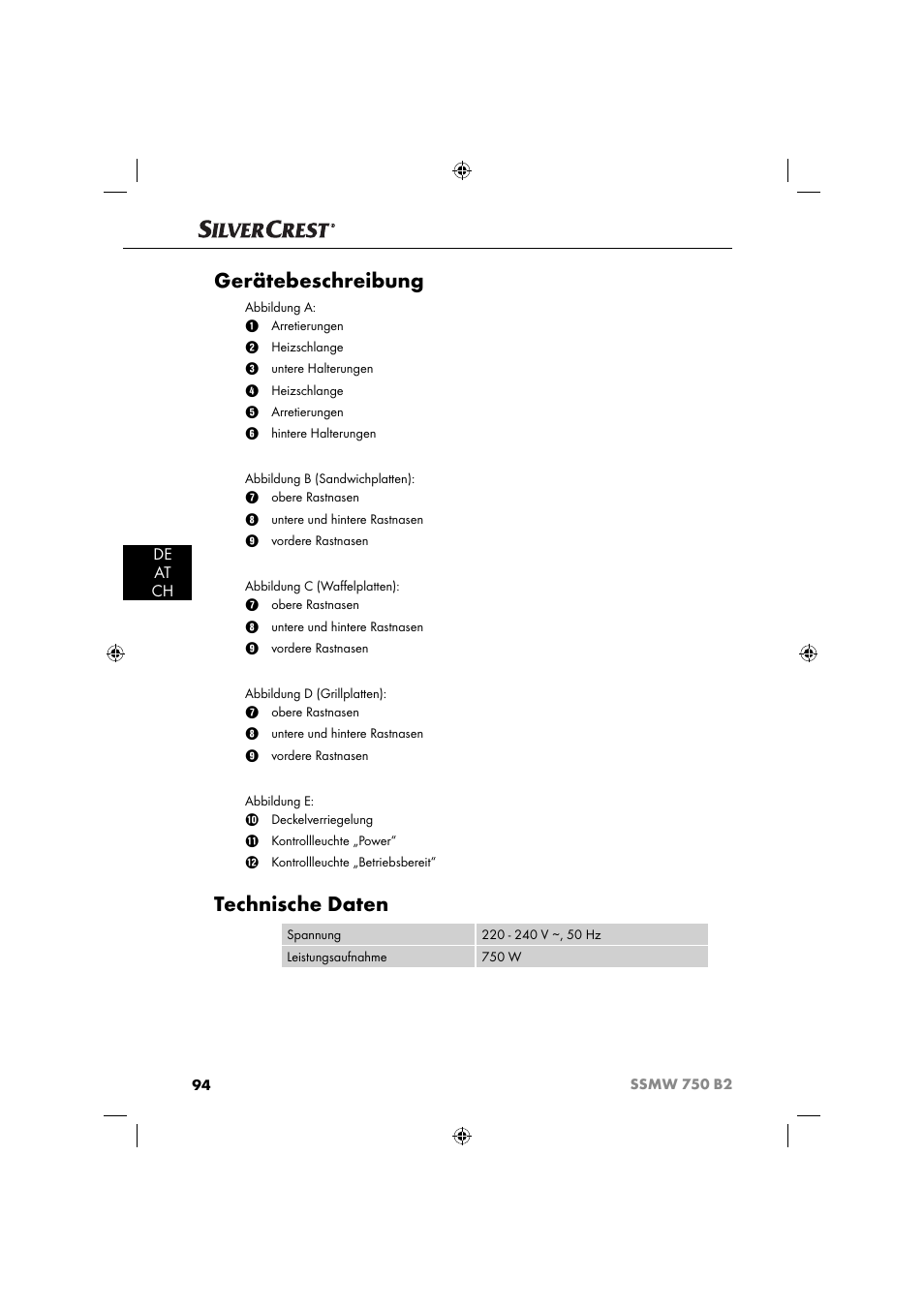 Gerätebeschreibung, Technische daten, De at ch | Silvercrest SSMW 750 B2 User Manual | Page 97 / 111