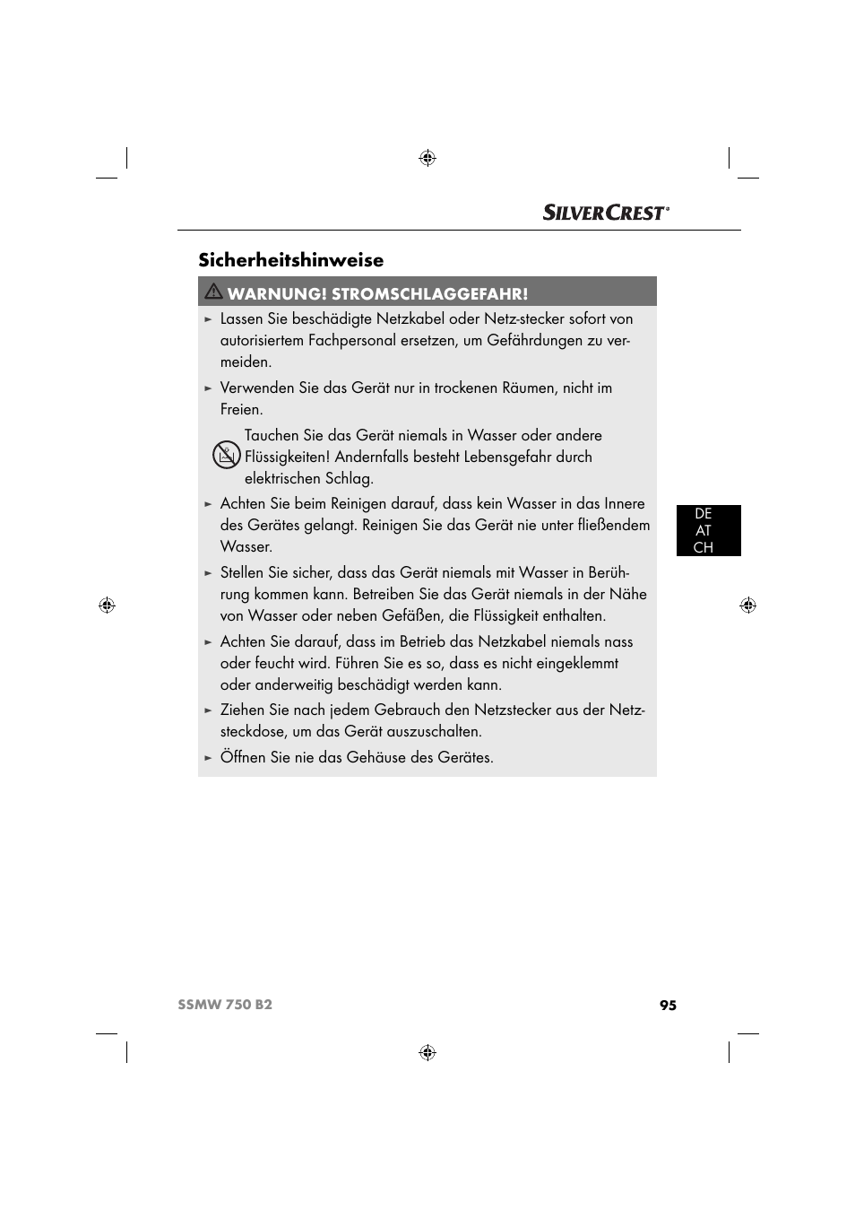 Sicherheitshinweise, Warnung! stromschlaggefahr, Öﬀ nen sie nie das gehäuse des gerätes | Silvercrest SSMW 750 B2 User Manual | Page 98 / 111