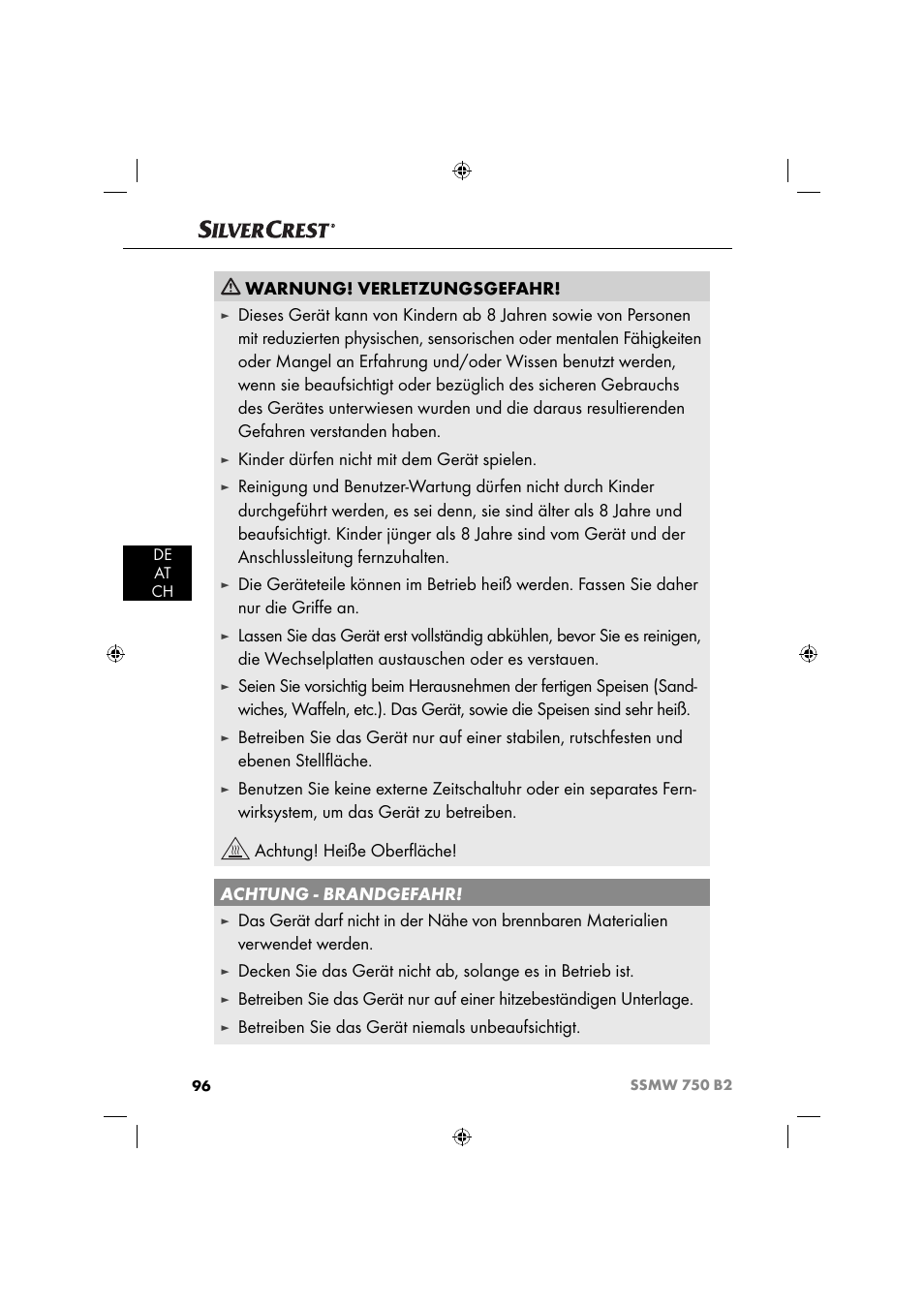 Warnung! verletzungsgefahr, Kinder dürfen nicht mit dem gerät spielen, Betreiben sie das gerät niemals unbeaufsichtigt | Silvercrest SSMW 750 B2 User Manual | Page 99 / 111