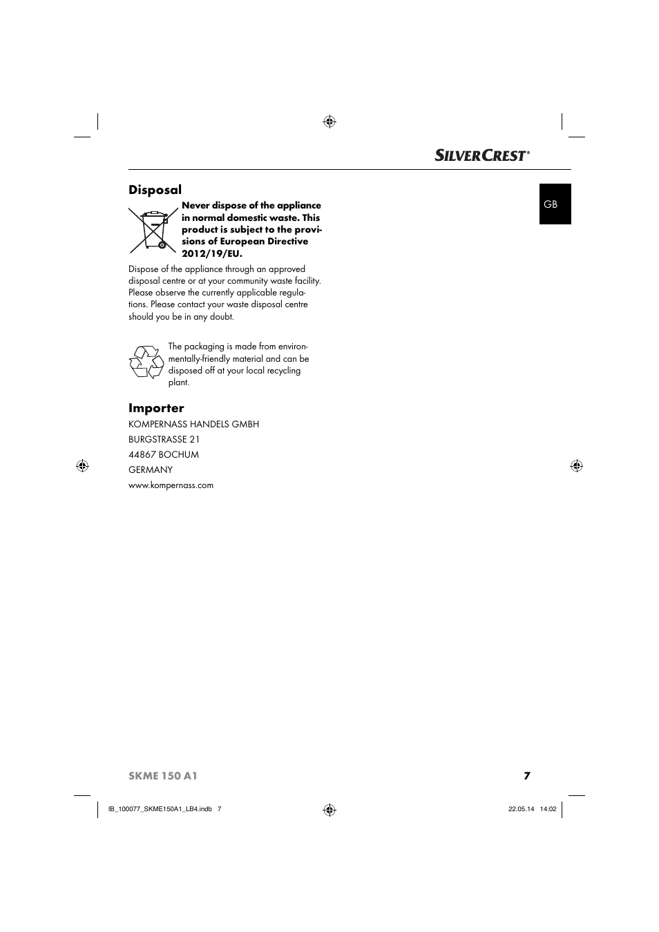 Disposal, Importer | Silvercrest SKME 150 A1 User Manual | Page 10 / 51