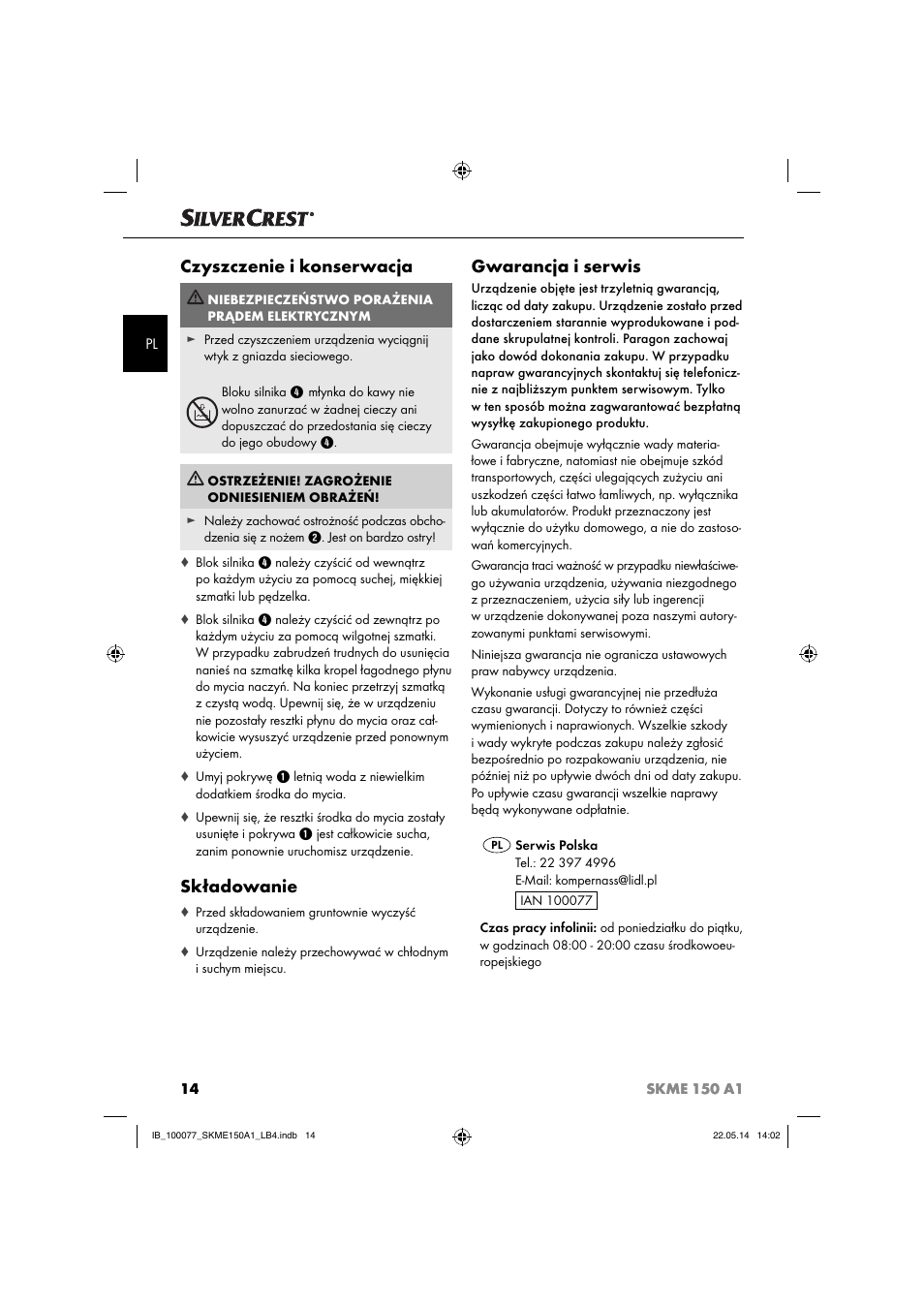 Czyszczenie i konserwacja, Składowanie, Gwarancja i serwis | Silvercrest SKME 150 A1 User Manual | Page 17 / 51