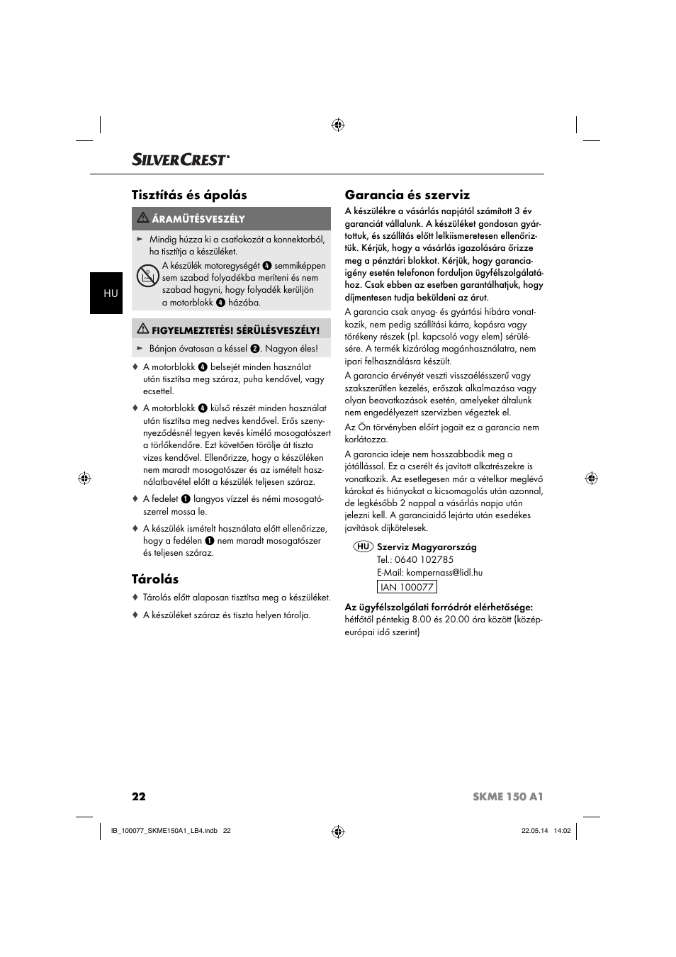 Tisztítás és ápolás, Tárolás, Garancia és szerviz | Silvercrest SKME 150 A1 User Manual | Page 25 / 51