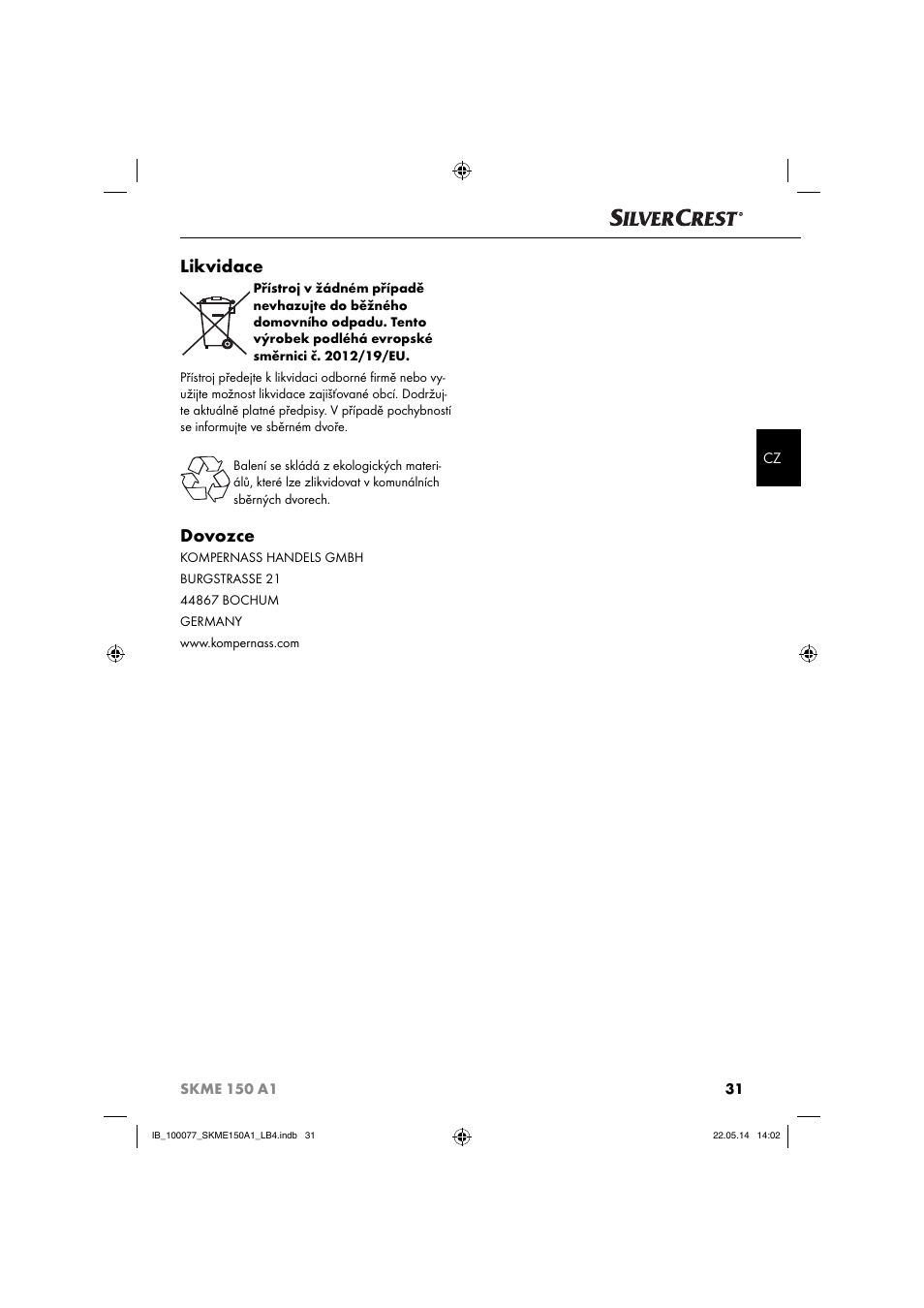 Likvidace, Dovozce | Silvercrest SKME 150 A1 User Manual | Page 34 / 51