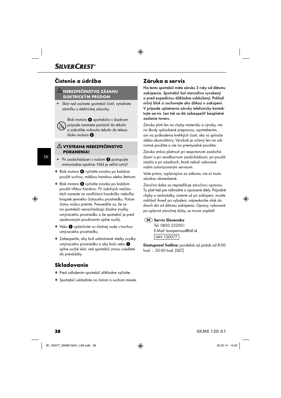 Čistenie a údržba, Skladovanie, Záruka a servis | Silvercrest SKME 150 A1 User Manual | Page 41 / 51