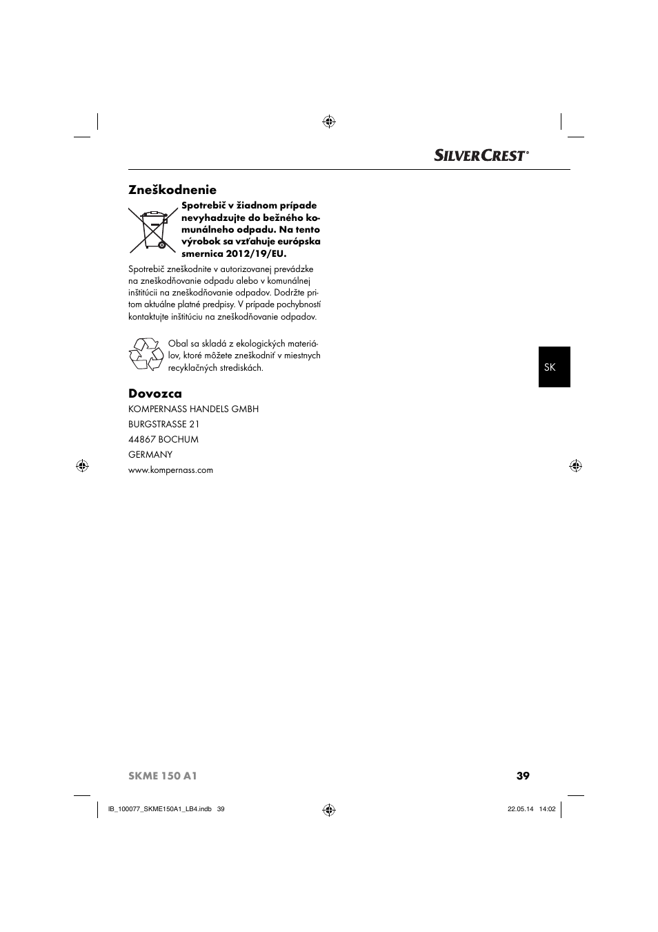 Zneškodnenie, Dovozca | Silvercrest SKME 150 A1 User Manual | Page 42 / 51