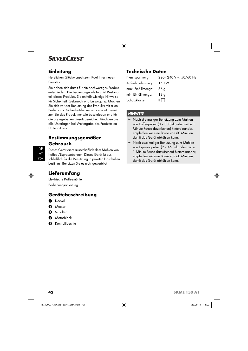 Einleitung, Bestimmungsgemäßer gebrauch, Lieferumfang | Gerätebeschreibung, Technische daten | Silvercrest SKME 150 A1 User Manual | Page 45 / 51