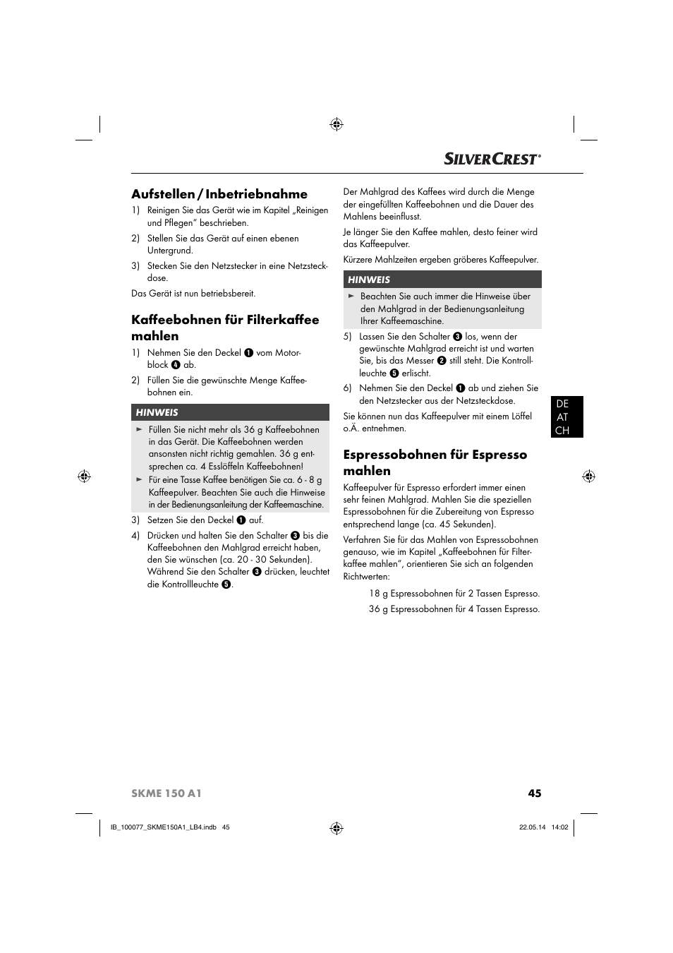 Aufstellen / inbetriebnahme, Kaﬀ eebohnen für filterkaﬀ ee mahlen, Espressobohnen für espresso mahlen | Silvercrest SKME 150 A1 User Manual | Page 48 / 51