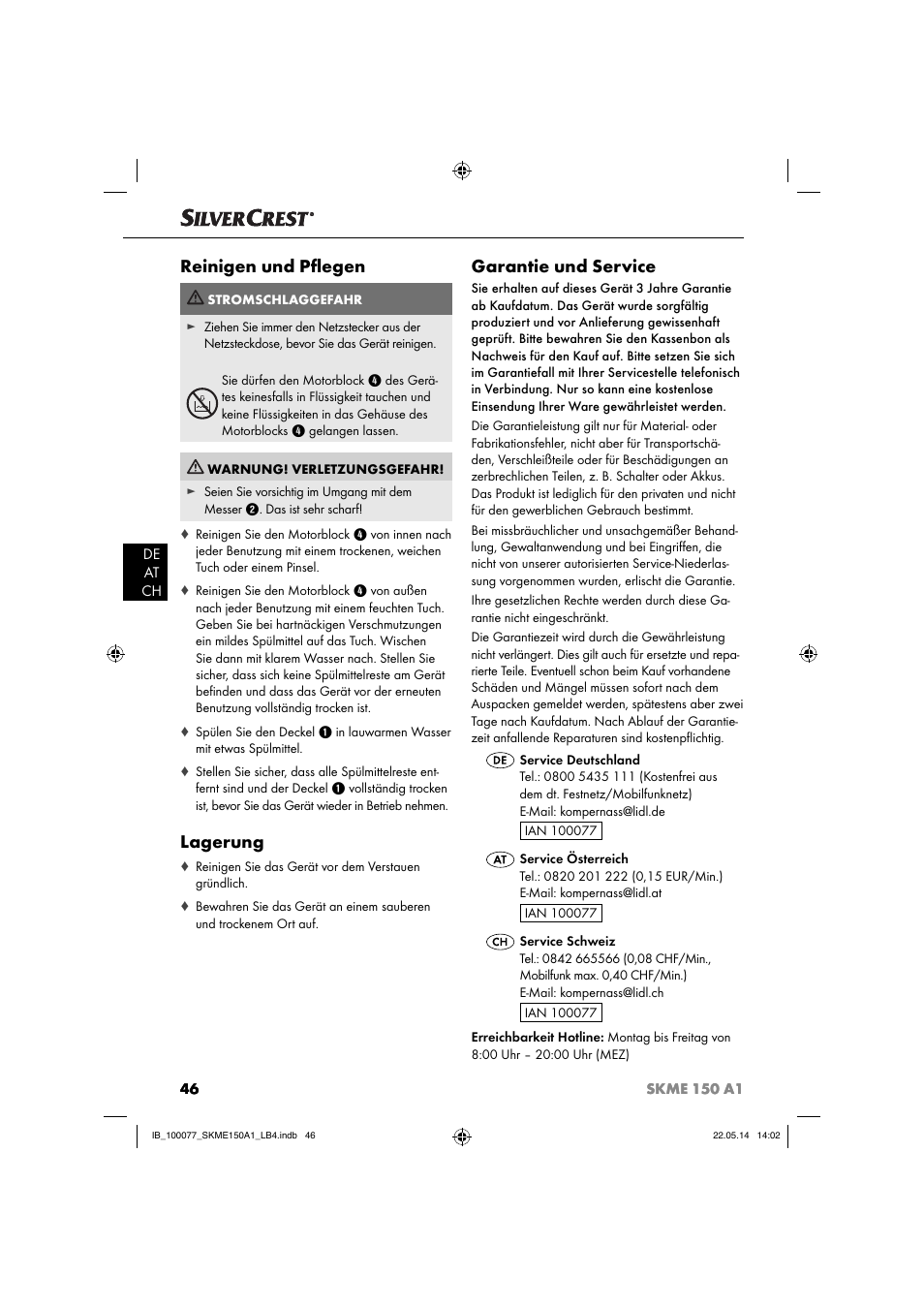 Reinigen und pﬂ egen, Lagerung, Garantie und service | Silvercrest SKME 150 A1 User Manual | Page 49 / 51