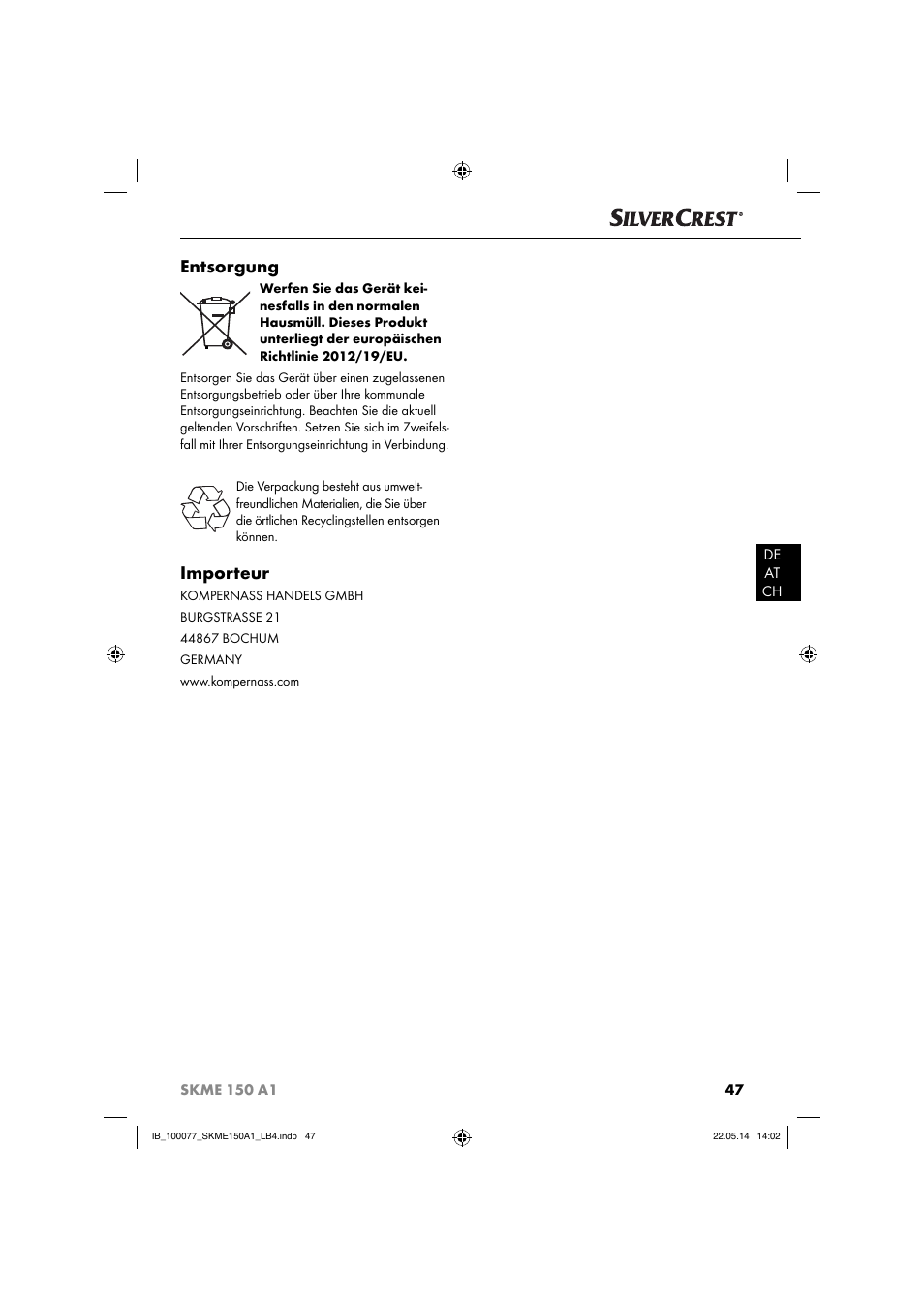 Entsorgung, Importeur | Silvercrest SKME 150 A1 User Manual | Page 50 / 51