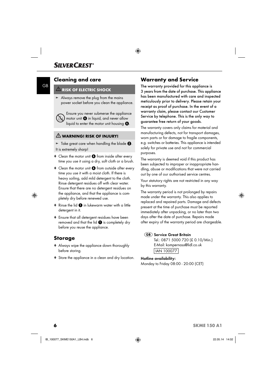 Cleaning and care, Storage, Warranty and service | Silvercrest SKME 150 A1 User Manual | Page 9 / 51