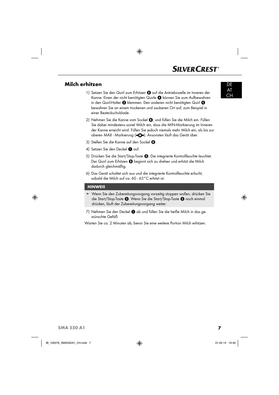 Milch erhitzen, De at ch | Silvercrest SMA 550 A1 User Manual | Page 10 / 59