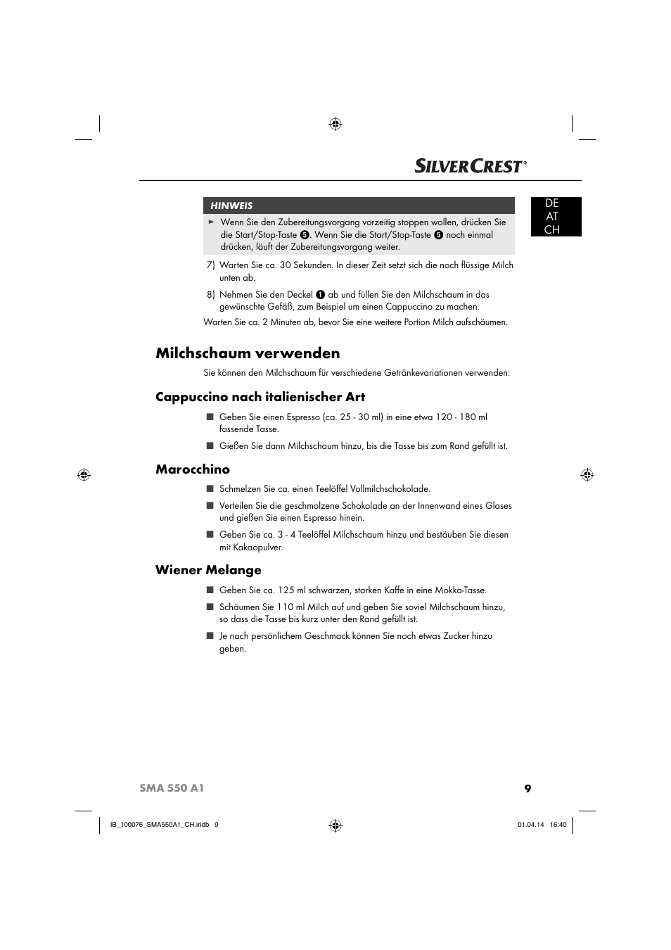 Milchschaum verwenden, Cappuccino nach italienischer art, Marocchino | Wiener melange, De at ch | Silvercrest SMA 550 A1 User Manual | Page 12 / 59