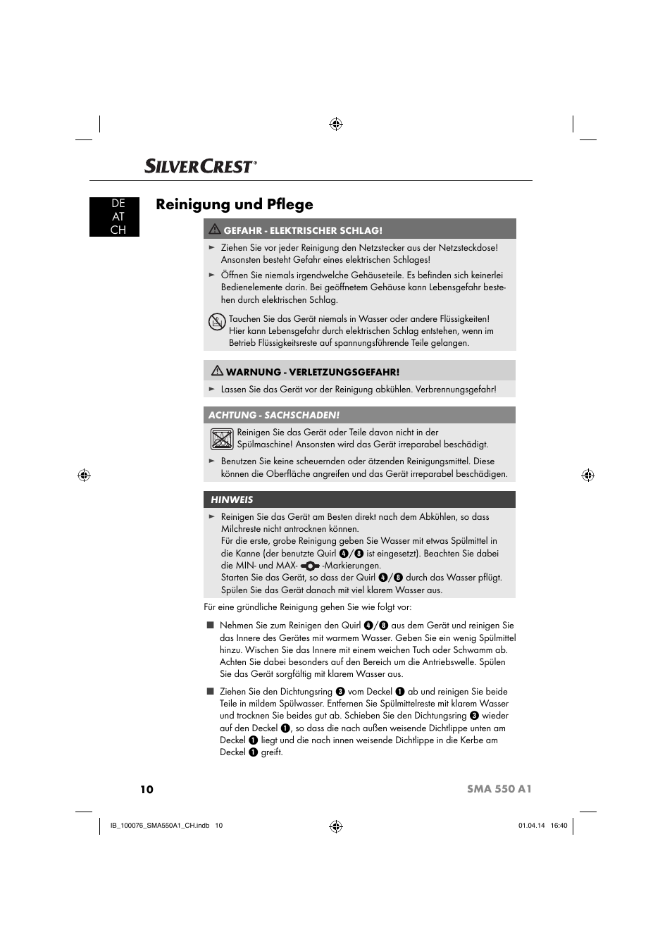 Reinigung und pﬂ ege, De at ch | Silvercrest SMA 550 A1 User Manual | Page 13 / 59
