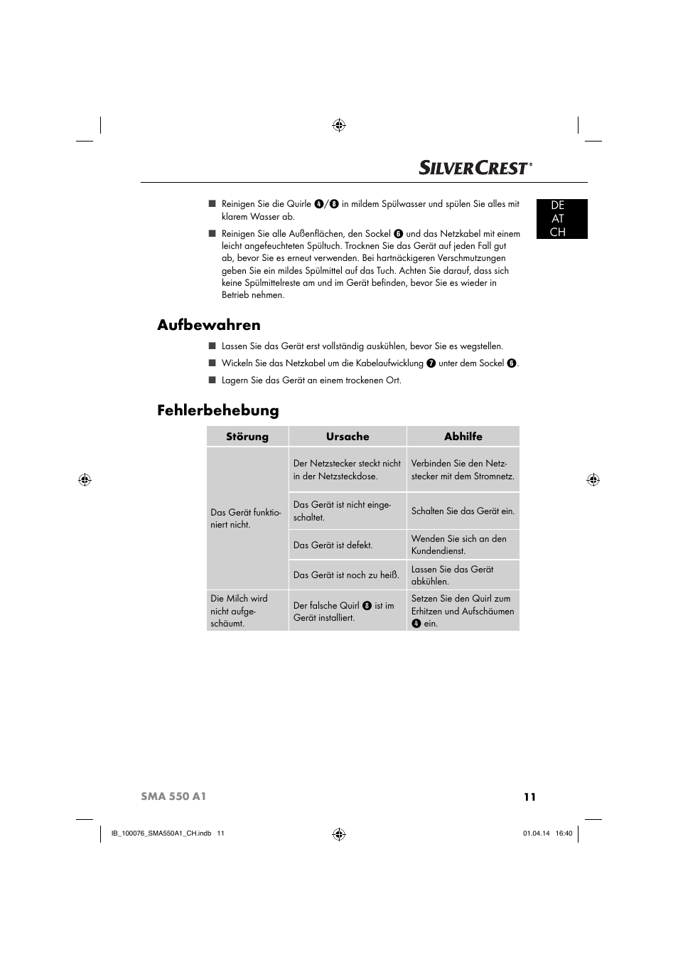 Aufbewahren, Fehlerbehebung, De at ch | Silvercrest SMA 550 A1 User Manual | Page 14 / 59