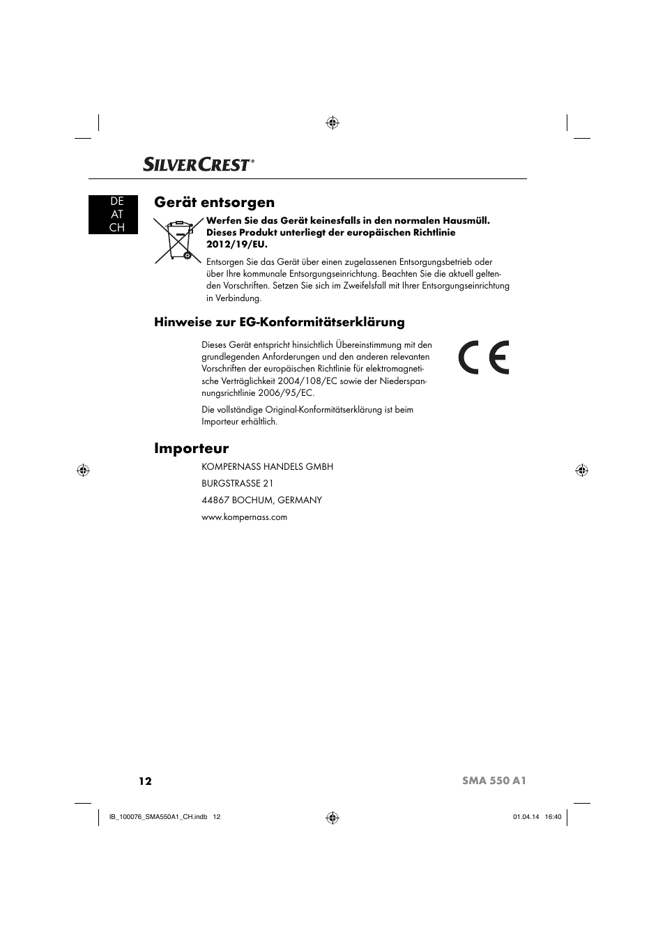 Gerät entsorgen, Importeur, Hinweise zur eg-konformitätserklärung | De at ch | Silvercrest SMA 550 A1 User Manual | Page 15 / 59