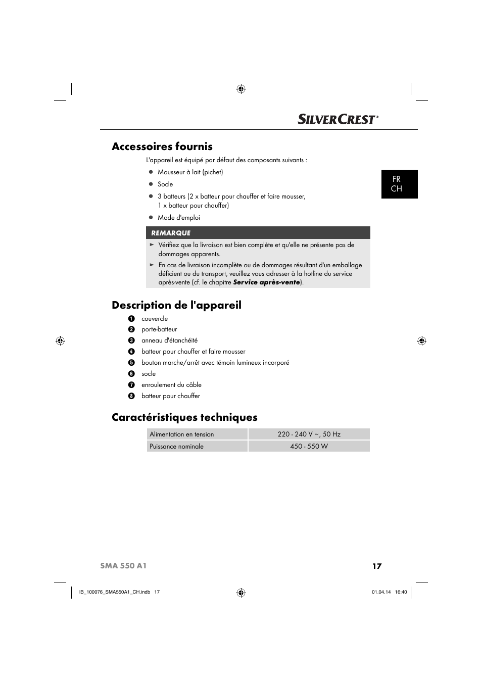 Accessoires fournis, Description de l'appareil, Caractéristiques techniques | Fr ch | Silvercrest SMA 550 A1 User Manual | Page 20 / 59