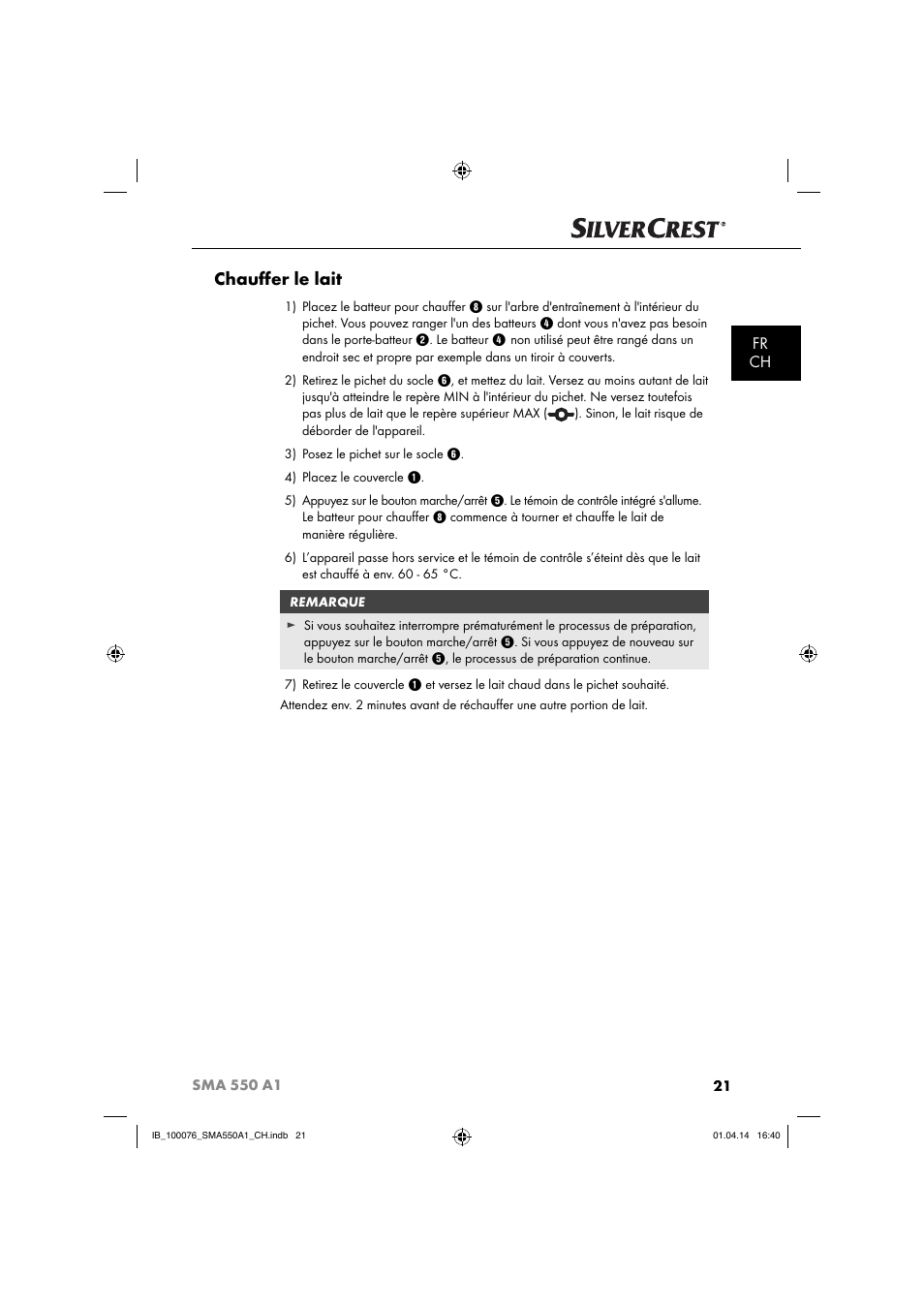 Chauﬀ er le lait, Fr ch | Silvercrest SMA 550 A1 User Manual | Page 24 / 59