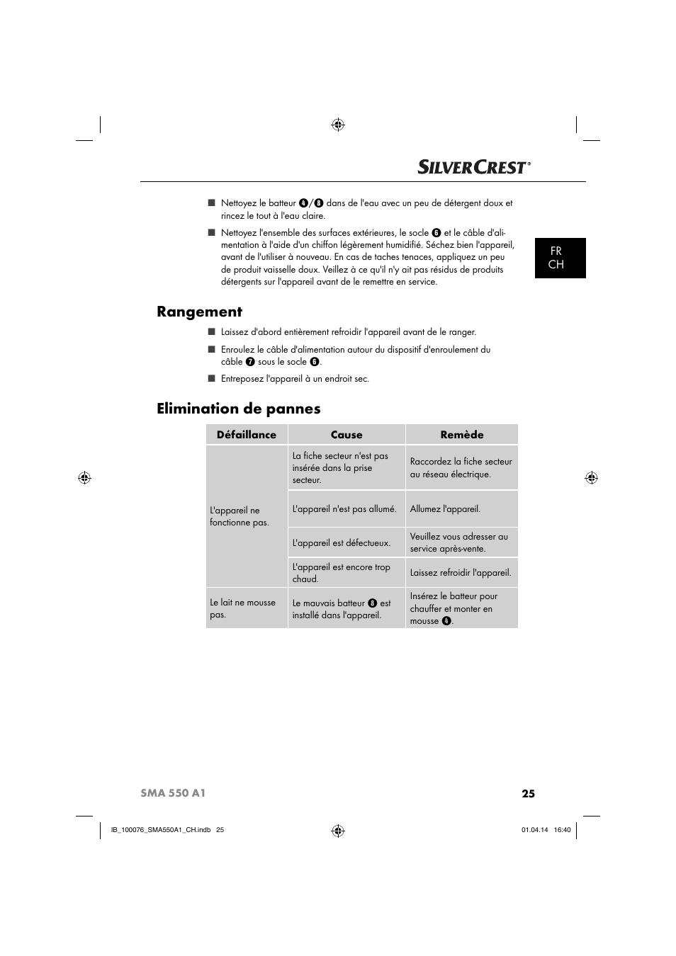 Rangement, Elimination de pannes, Fr ch | Silvercrest SMA 550 A1 User Manual | Page 28 / 59