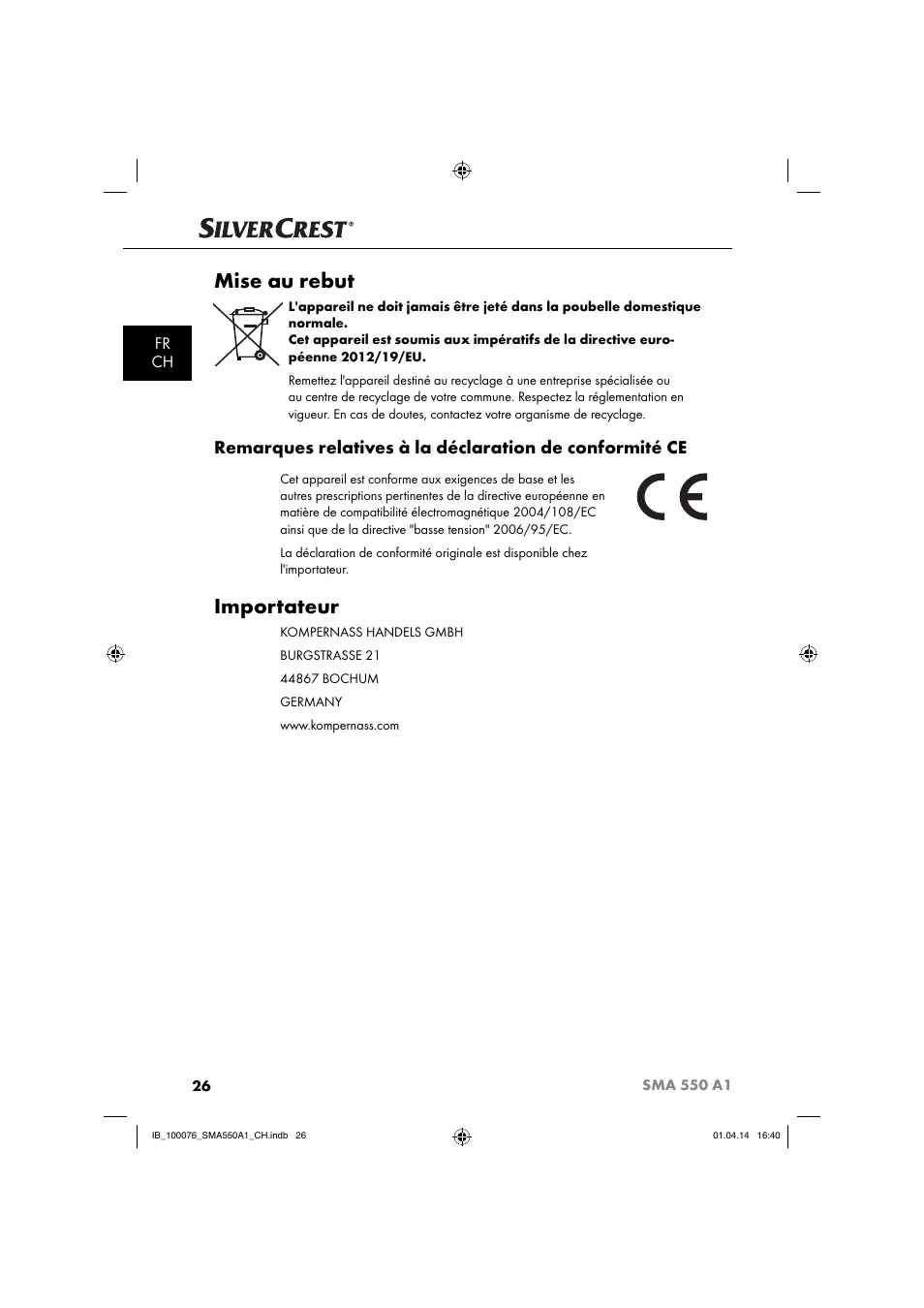 Mise au rebut, Importateur, Fr ch | Silvercrest SMA 550 A1 User Manual | Page 29 / 59