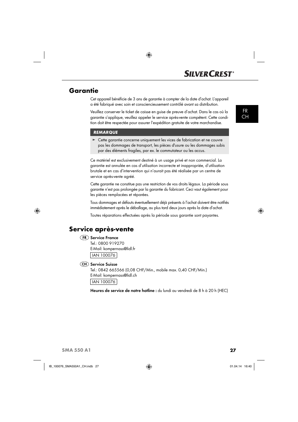 Garantie, Service après-vente, Fr ch | Silvercrest SMA 550 A1 User Manual | Page 30 / 59