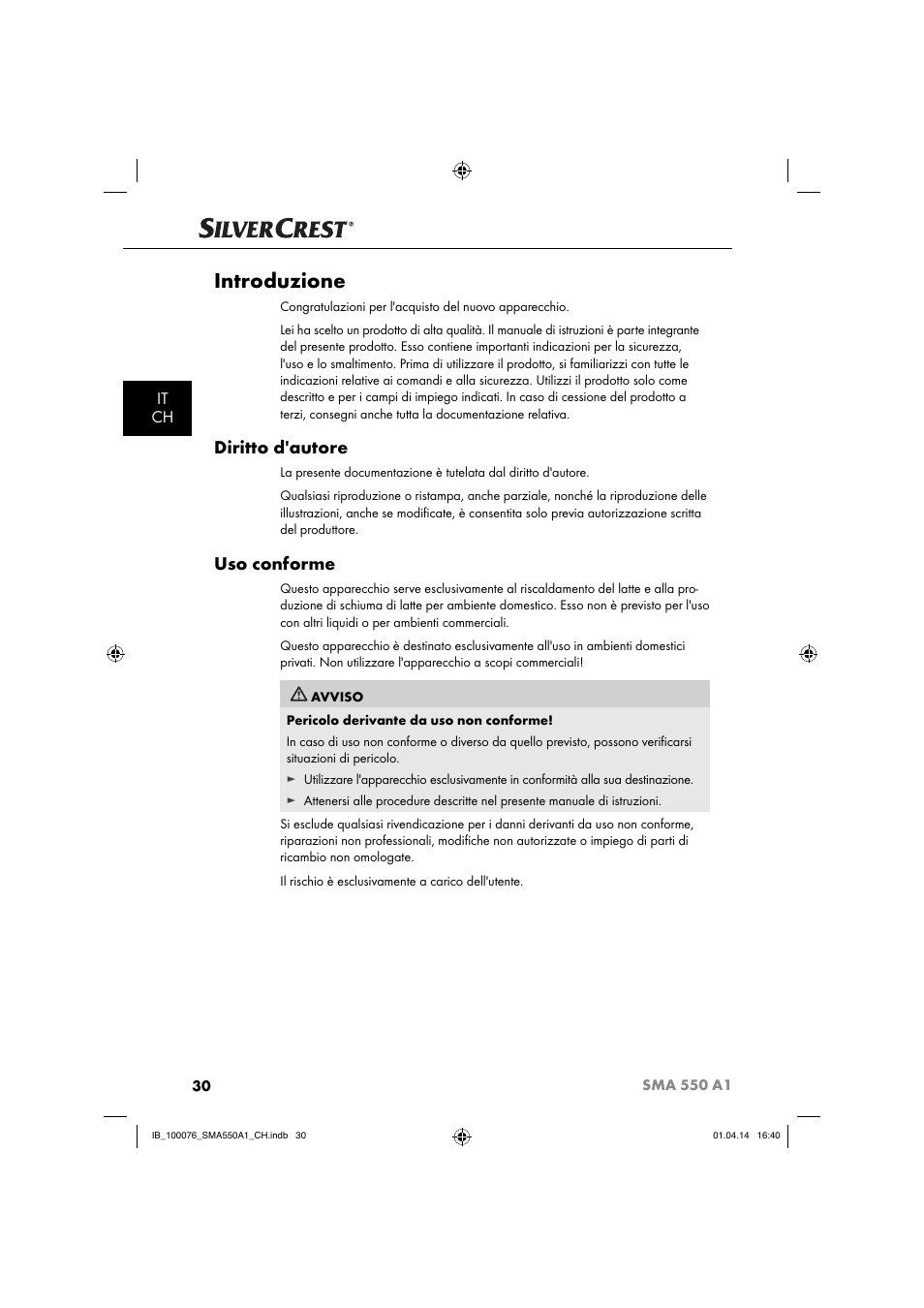 Introduzione, Diritto d'autore, Uso conforme | It ch | Silvercrest SMA 550 A1 User Manual | Page 33 / 59