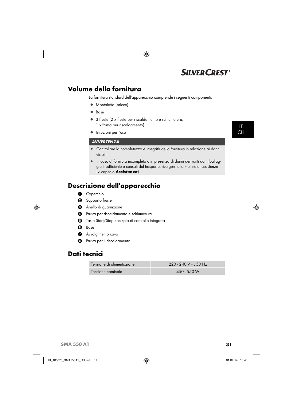 Volume della fornitura, Descrizione dell'apparecchio, Dati tecnici | It ch | Silvercrest SMA 550 A1 User Manual | Page 34 / 59