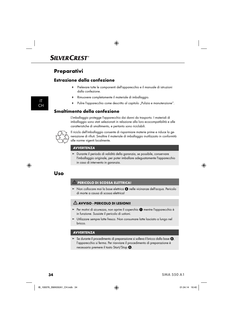 Preparativi, Estrazione dalla confezione, Smaltimento della confezione | It ch | Silvercrest SMA 550 A1 User Manual | Page 37 / 59