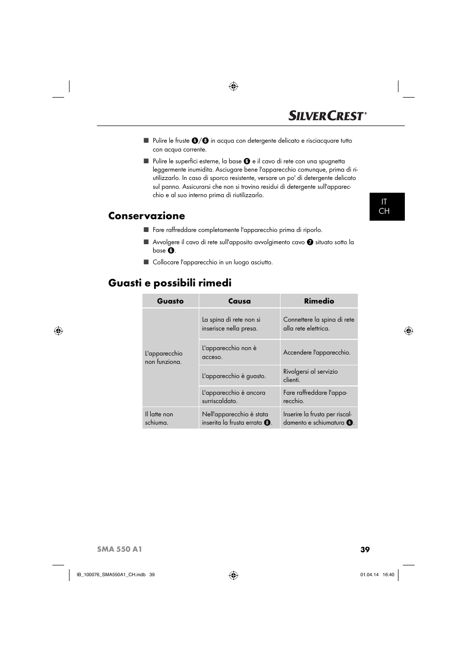 Conservazione, Guasti e possibili rimedi, It ch | Silvercrest SMA 550 A1 User Manual | Page 42 / 59