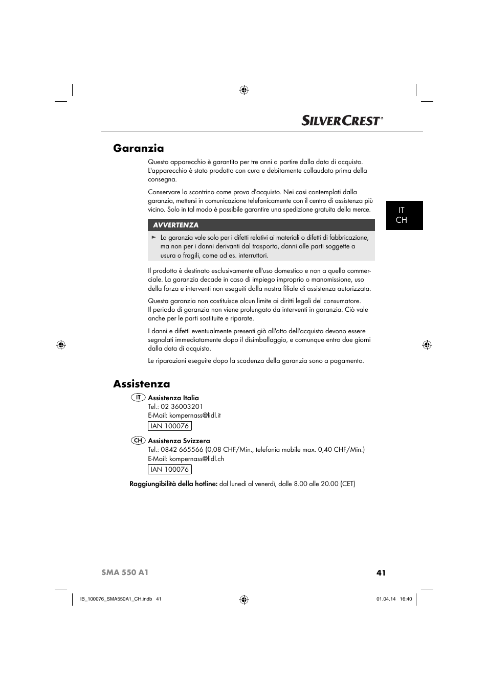 Garanzia, Assistenza, It ch | Silvercrest SMA 550 A1 User Manual | Page 44 / 59