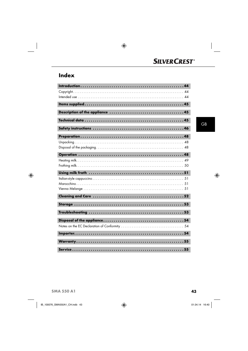 Index | Silvercrest SMA 550 A1 User Manual | Page 46 / 59