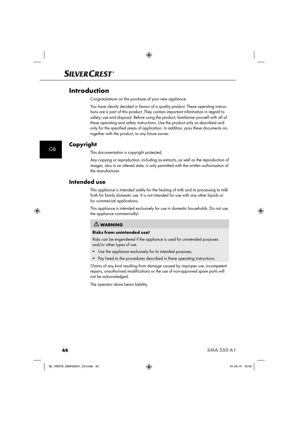 Introduction, Copyright, Intended use | Silvercrest SMA 550 A1 User Manual | Page 47 / 59