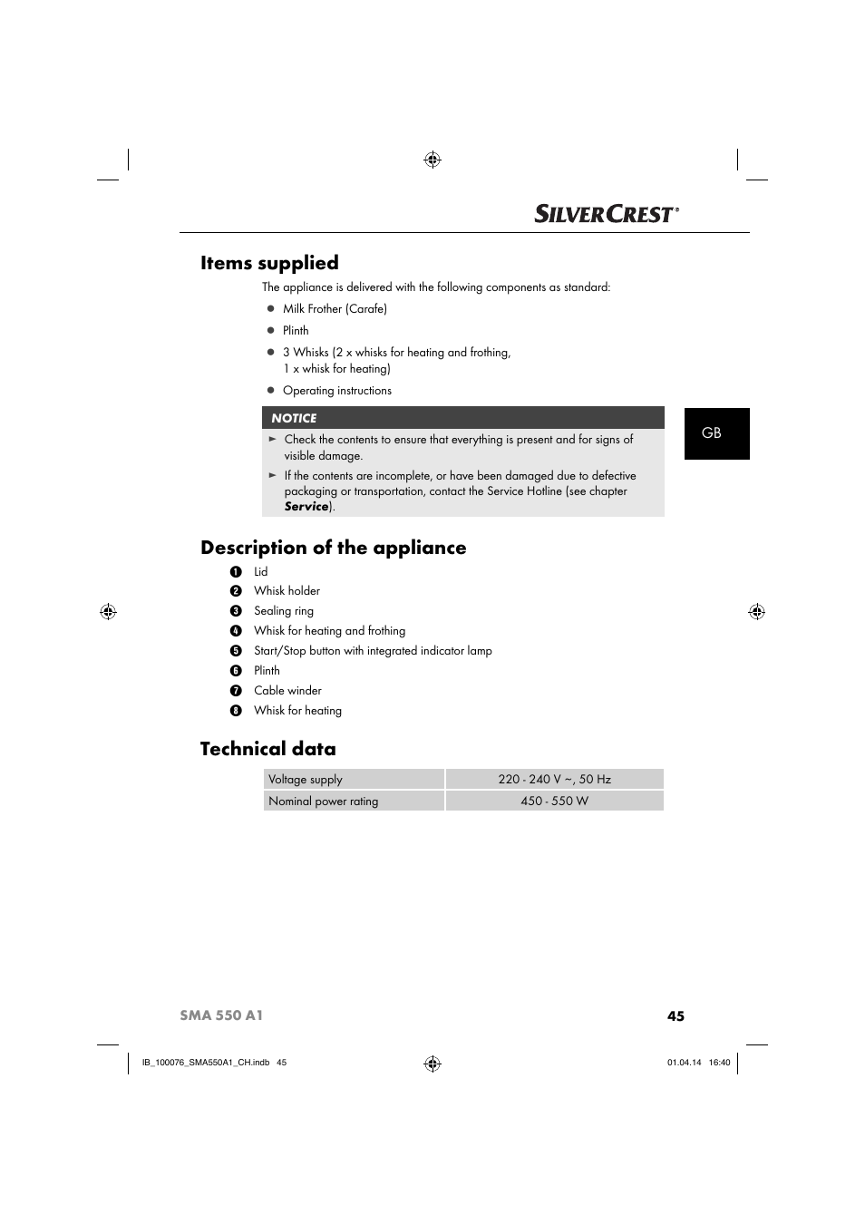 Items supplied, Description of the appliance, Technical data | Silvercrest SMA 550 A1 User Manual | Page 48 / 59