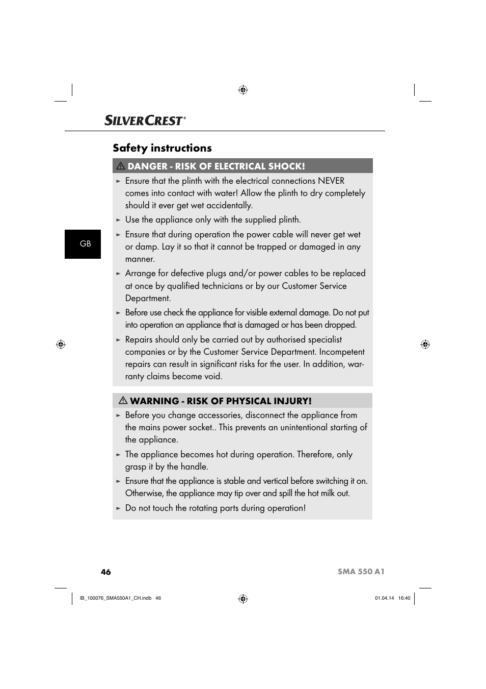 Safety instructions, Danger - risk of electrical shock, Use the appliance only with the supplied plinth | Do not touch the rotating parts during operation | Silvercrest SMA 550 A1 User Manual | Page 49 / 59