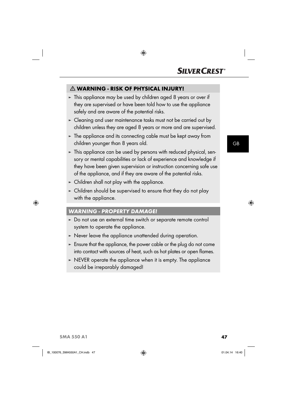 Warning - risk of physical injury, Children shall not play with the appliance | Silvercrest SMA 550 A1 User Manual | Page 50 / 59