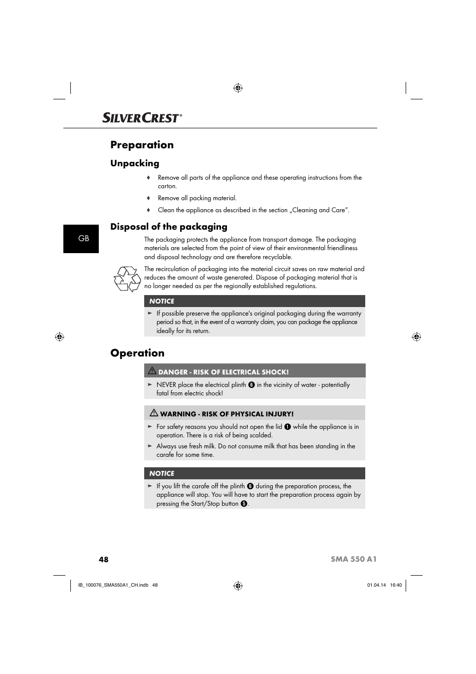 Preparation, Operation, Unpacking | Disposal of the packaging | Silvercrest SMA 550 A1 User Manual | Page 51 / 59