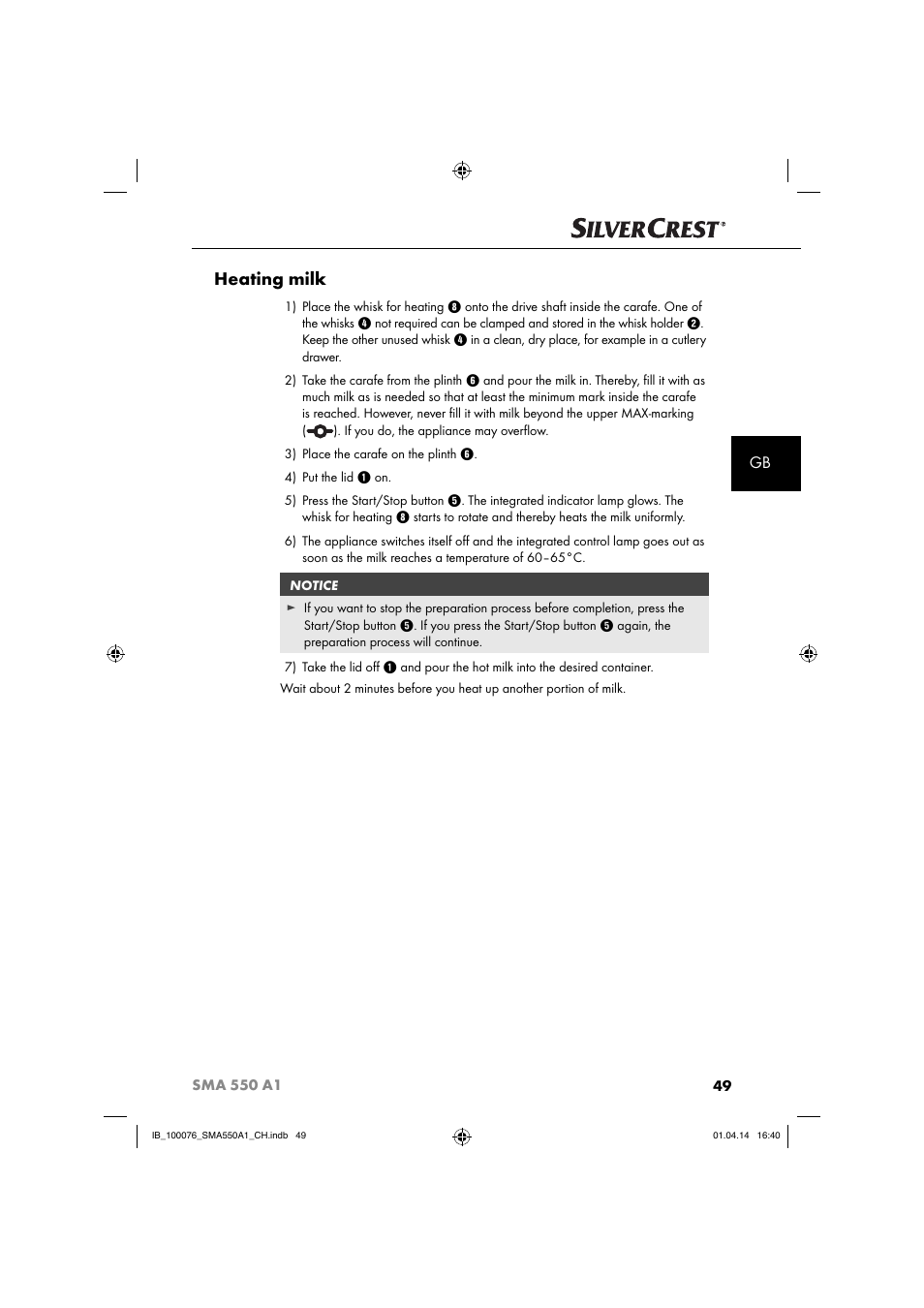 Heating milk | Silvercrest SMA 550 A1 User Manual | Page 52 / 59