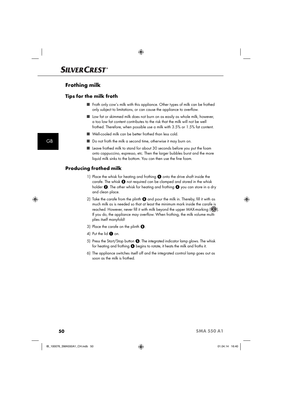 Frothing milk, Tips for the milk froth, Producing frothed milk | Silvercrest SMA 550 A1 User Manual | Page 53 / 59