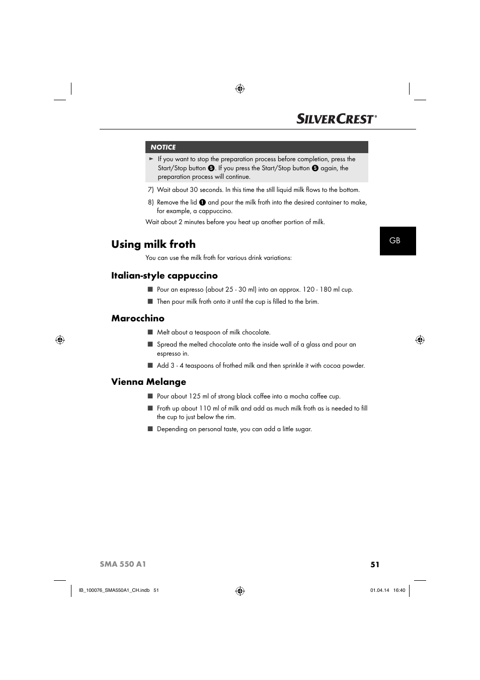 Using milk froth, Italian-style cappuccino, Marocchino | Vienna melange | Silvercrest SMA 550 A1 User Manual | Page 54 / 59