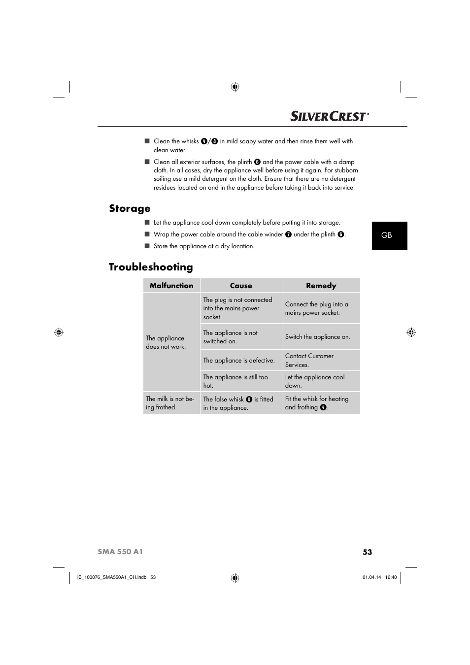 Storage, Troubleshooting | Silvercrest SMA 550 A1 User Manual | Page 56 / 59
