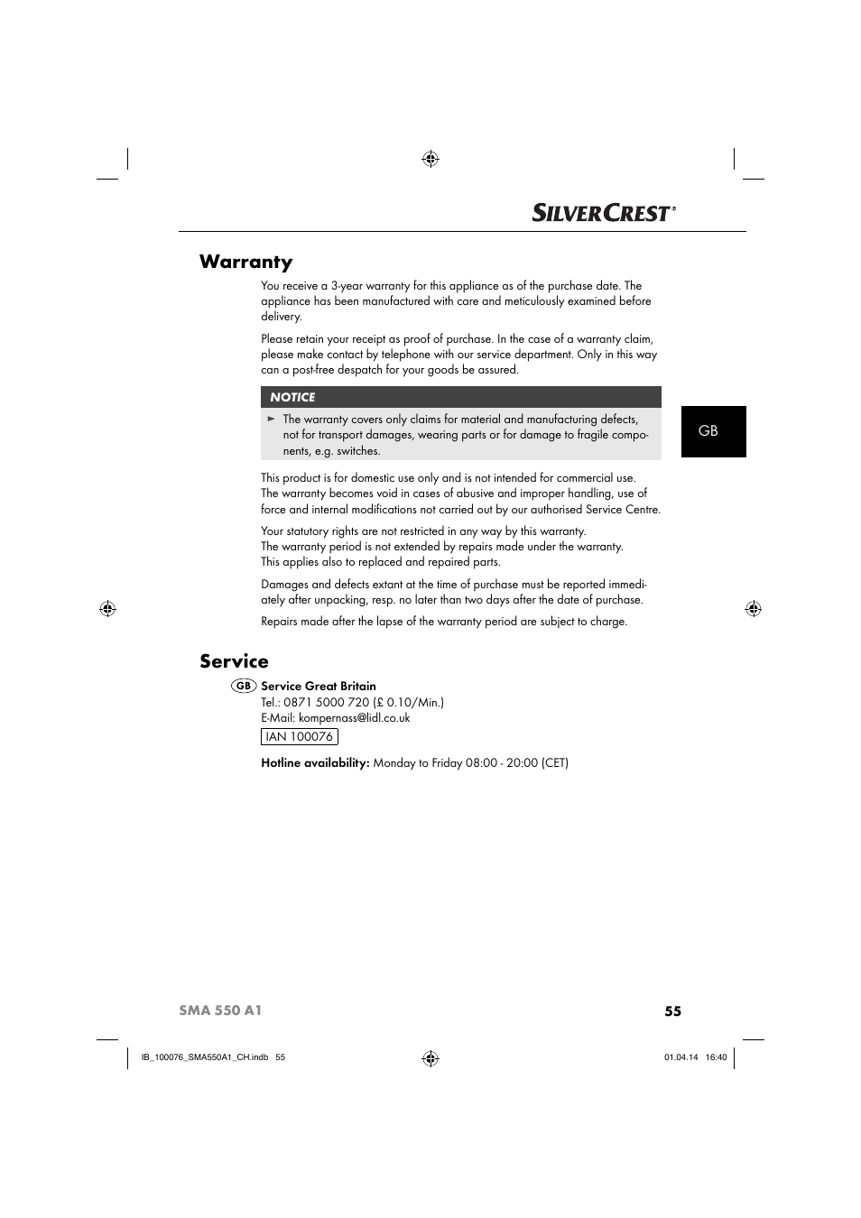 Warranty, Service | Silvercrest SMA 550 A1 User Manual | Page 58 / 59