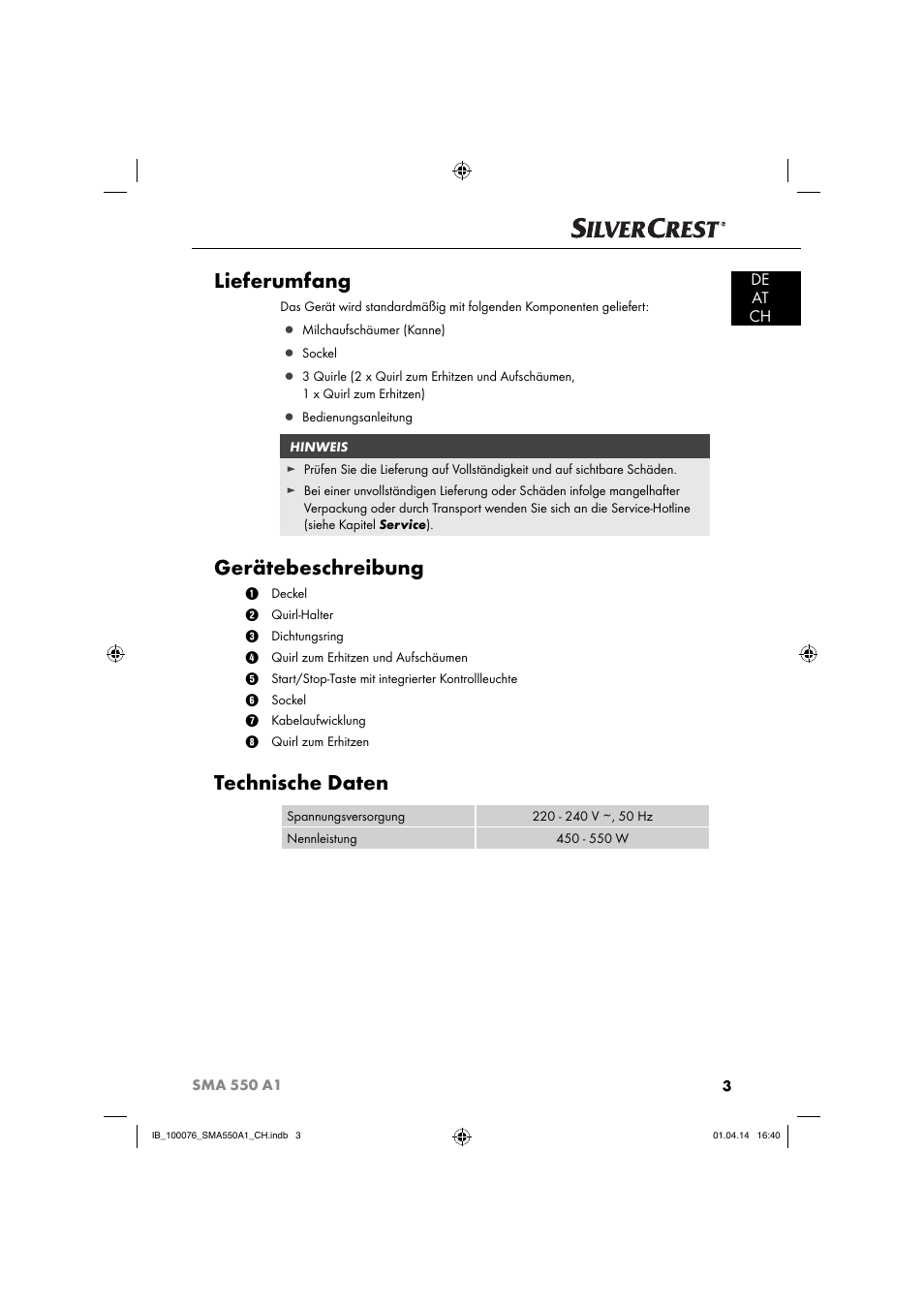 Lieferumfang, Gerätebeschreibung, Technische daten | De at ch | Silvercrest SMA 550 A1 User Manual | Page 6 / 59