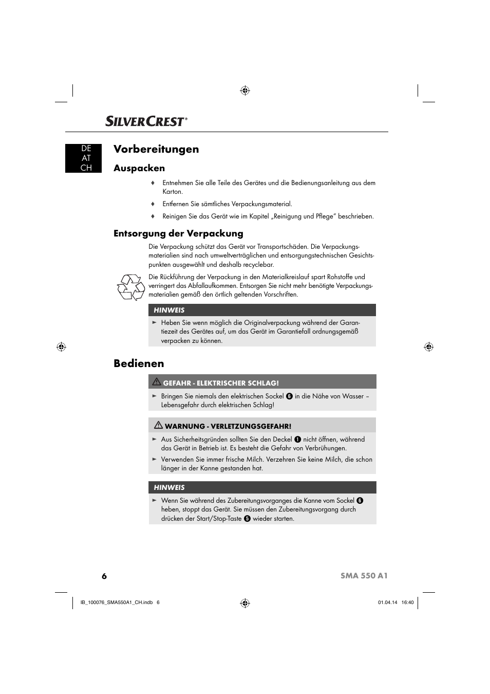 Vorbereitungen, Bedienen, Auspacken | Entsorgung der verpackung, De at ch | Silvercrest SMA 550 A1 User Manual | Page 9 / 59