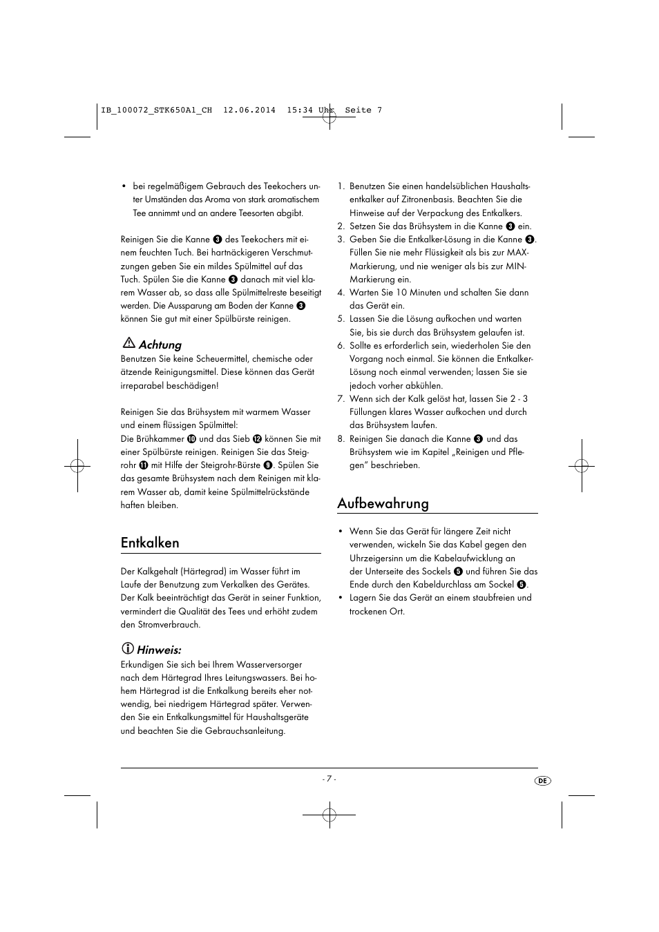 Entkalken, Aufbewahrung, Achtung | Hinweis | Silvercrest STK 650 A1 User Manual | Page 10 / 36