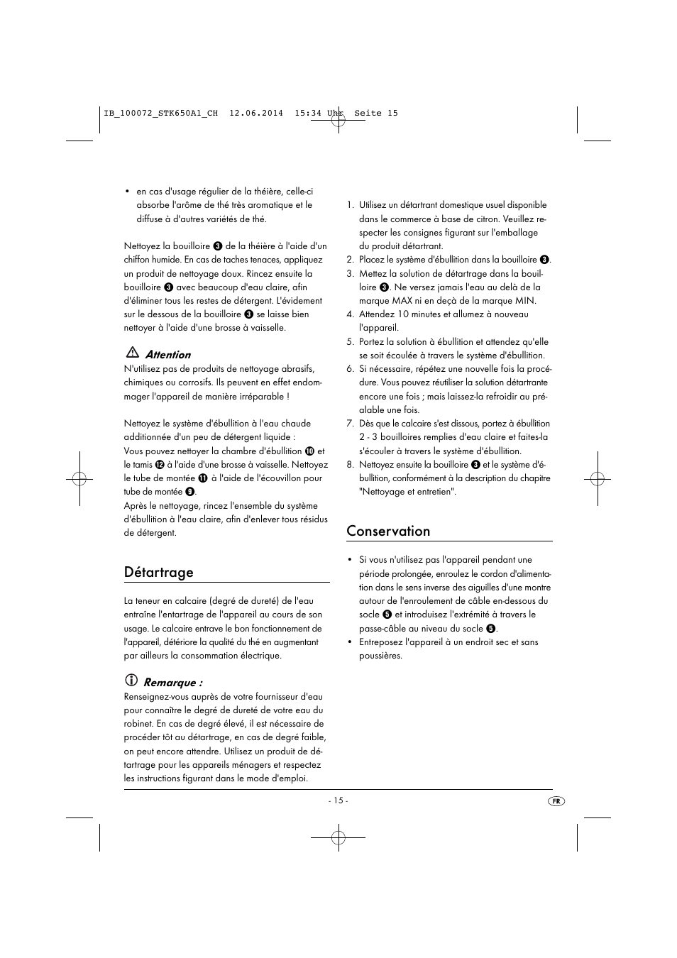 Détartrage, Conservation, Attention | Remarque | Silvercrest STK 650 A1 User Manual | Page 18 / 36