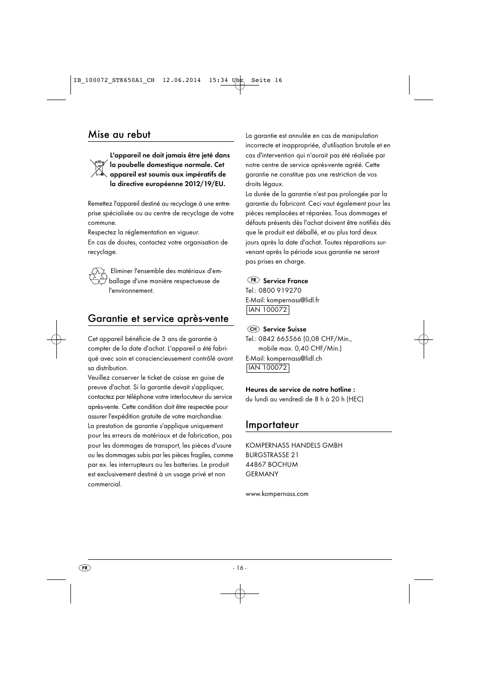 Mise au rebut, Garantie et service après-vente, Importateur | Silvercrest STK 650 A1 User Manual | Page 19 / 36