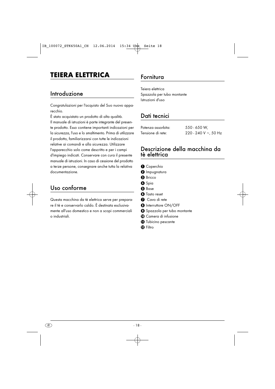Teiera elettrica, Introduzione, Uso conforme | Fornitura, Dati tecnici, Descrizione della macchina da tè elettrica | Silvercrest STK 650 A1 User Manual | Page 21 / 36