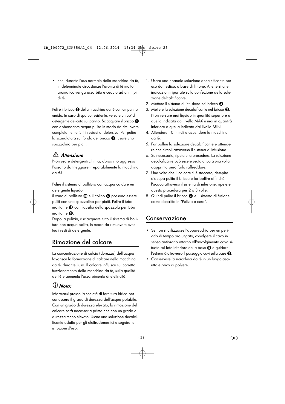 Rimozione del calcare, Conservazione, Attenzione | Nota | Silvercrest STK 650 A1 User Manual | Page 26 / 36